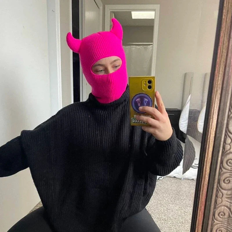 Bright pink cute women’s balaclava with pointed horns from the Women’s Balaclava Collection