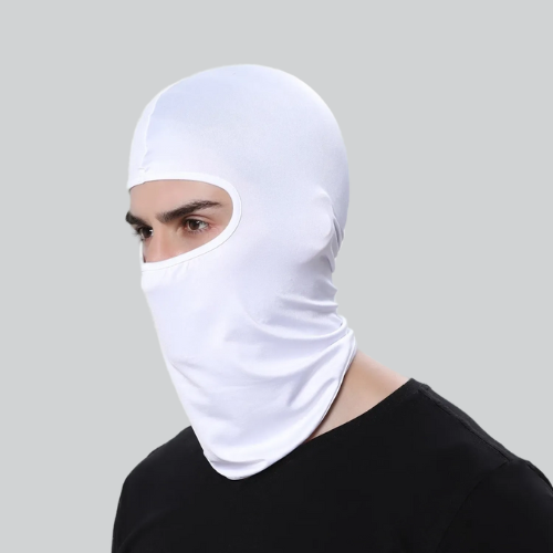 White Cycle Gear Balaclava covers head and face, exposing only the eyes for protection