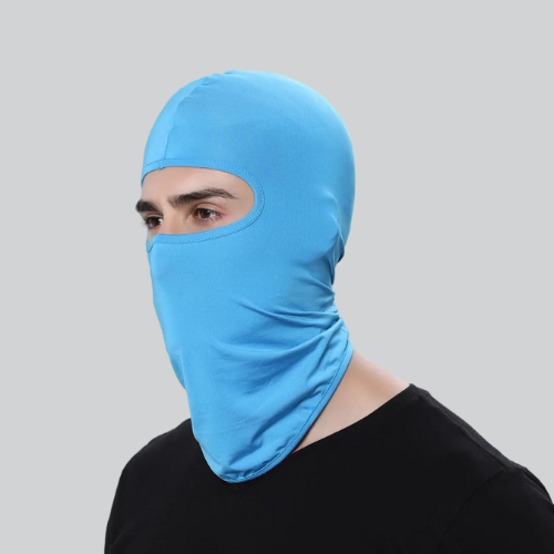 Bright blue Cycling Balaclava Face Mask covering head and face, exposing only the eyes