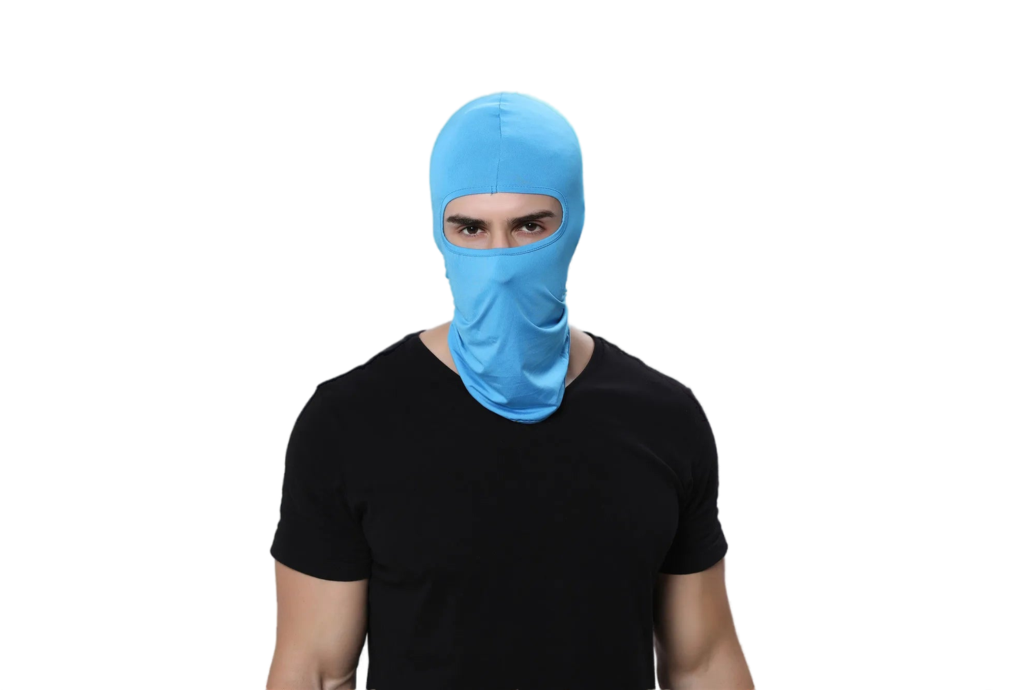 Light blue cycling balaclava face mask covering head and face, exposing only eyes