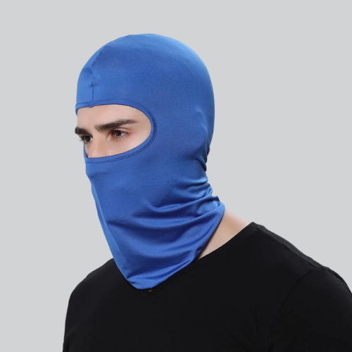 Blue cycling balaclava in New Orleans style, covering head and face with eyes exposed