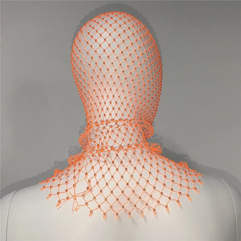 Delicate orange mesh headpiece for a stylish designer balaclava aesthetic