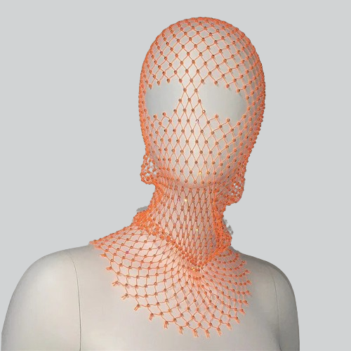 Mannequin head with intricate orange mesh pattern showcasing Designer Balaclava Aesthetic