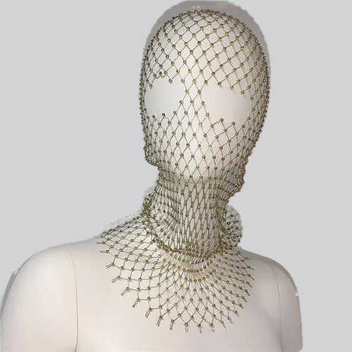 Faceless mannequin showcasing a metallic necklace with DESIGNER BALACLAVA MASK