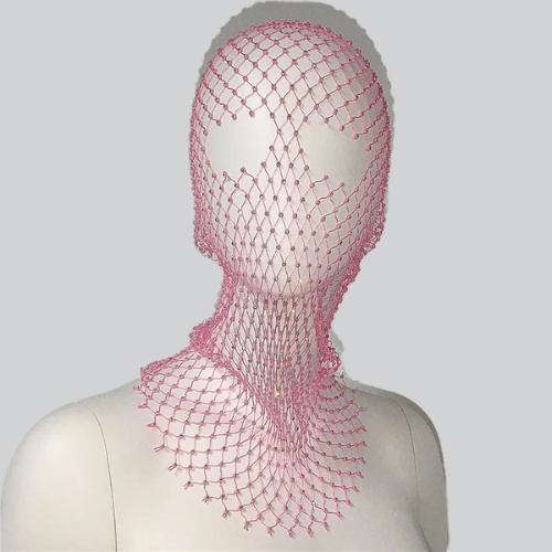 Pink mesh headpiece on mannequin showcasing the Designer Pink Balaclava by Lowell