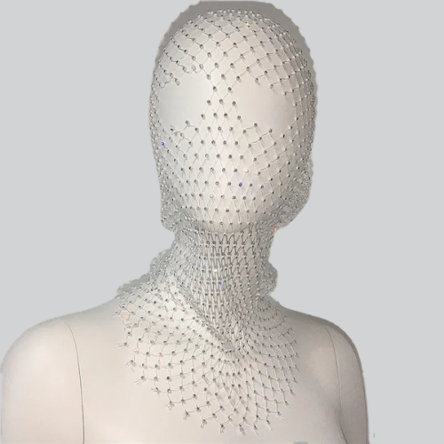 Mannequin head and torso in small metallic studs showcasing White Designer Balaclava