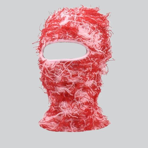 Furry red distressed balaclava beanie with eye opening from Long Beach collection