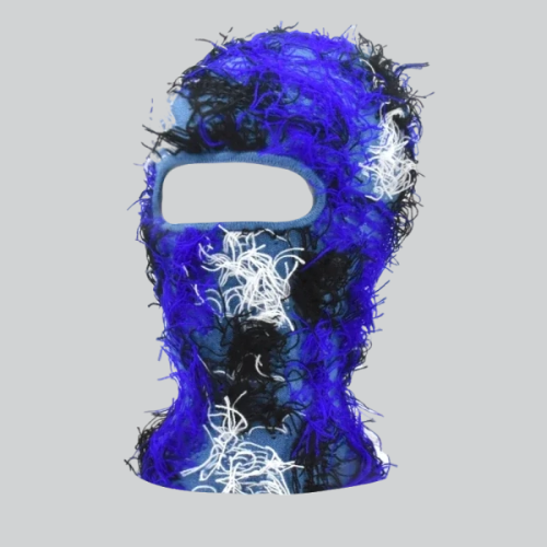 Vibrant blue and white distressed balaclava mask with abstract textured design