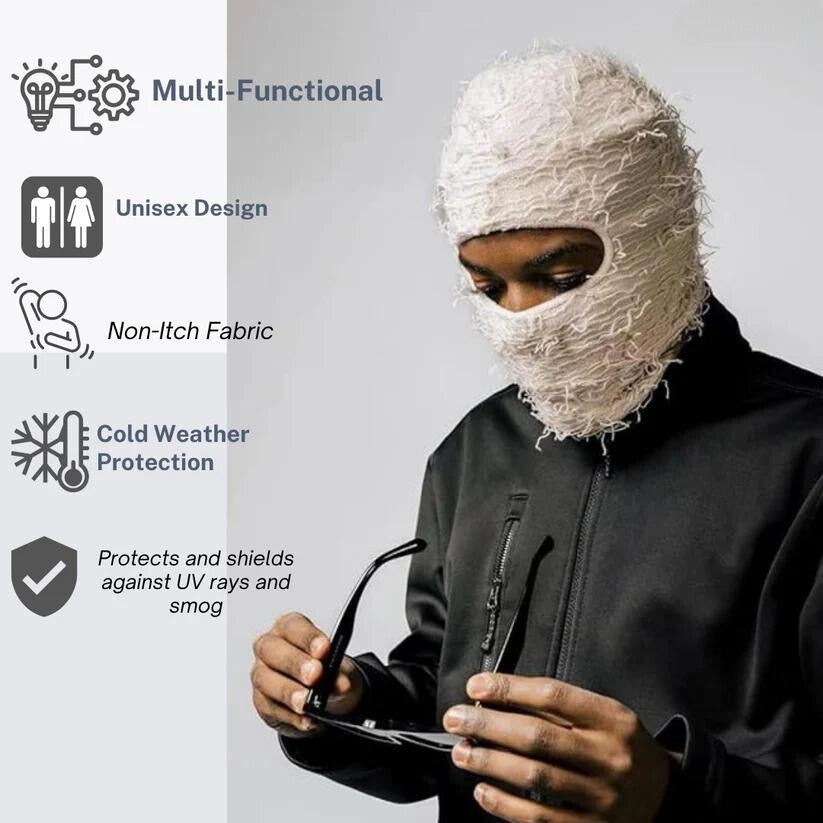 Unusual white textured DISTRESSED BALACLAVA SKI MASK covering head and eyes