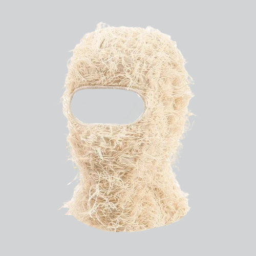 Fuzzy off-white DISTRESSED BALACLAVA SKI MASK with eye opening for warmth and style