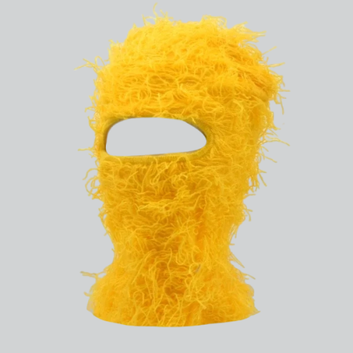 Bright yellow fuzzy distressed shiesty mask with eye opening for ultimate style and warmth