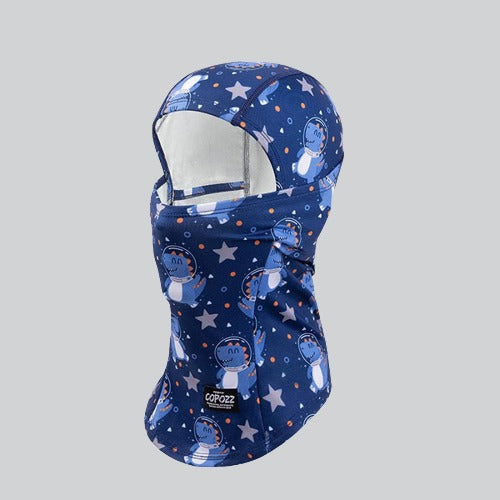 Blue fleece balaclava kids featuring a space-themed pattern with stars and astronaut helmets