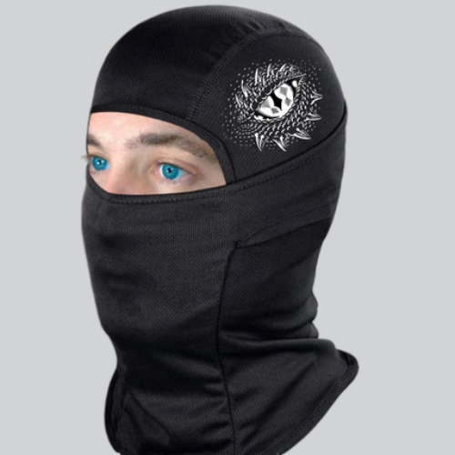 Black Fleece Balaclava Ski Mask with Cat Eye Design and Bright Blue Eyes Visible