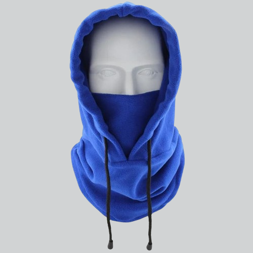 Bright blue fleece hood balaclava displayed on a mannequin head for Kissimmee product