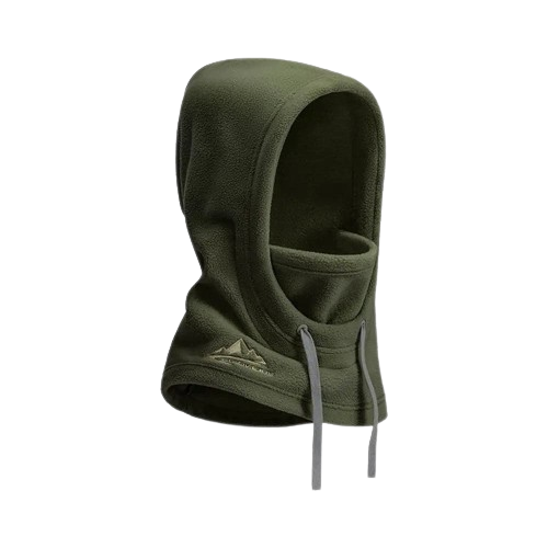 Olive green fleece hooded balaclava with drawstrings and logo from Jonesboro