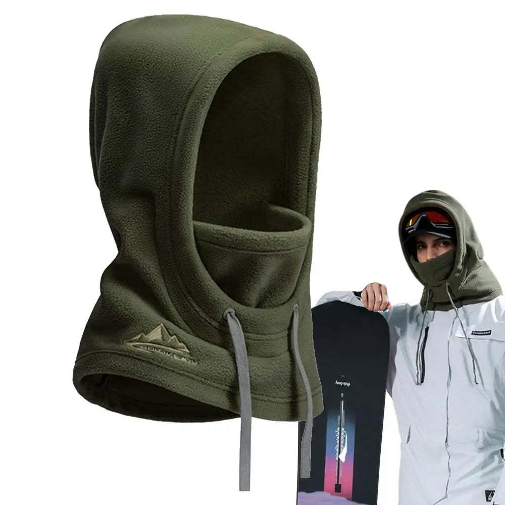 Olive green fleece hooded balaclava with drawstrings from Jonesboro for outdoor warmth