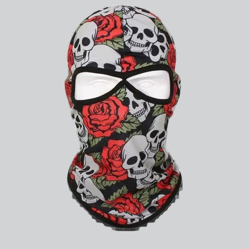 Balaclava-style ghost mask with skull and red rose pattern, perfect for stylish protection