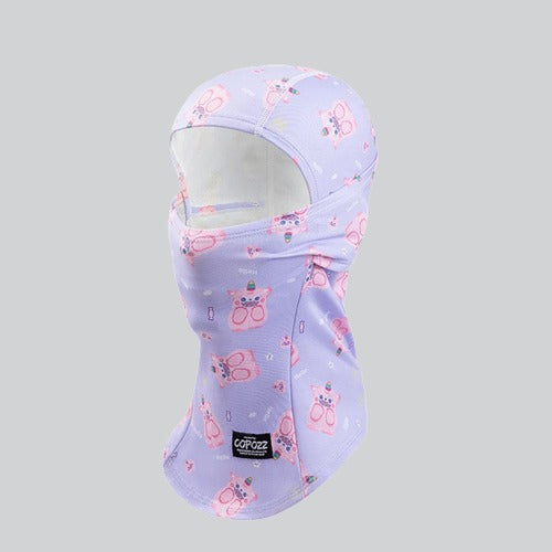 Pastel purple kid winter balaclava with pink ballet shoe print pattern for stylish warmth