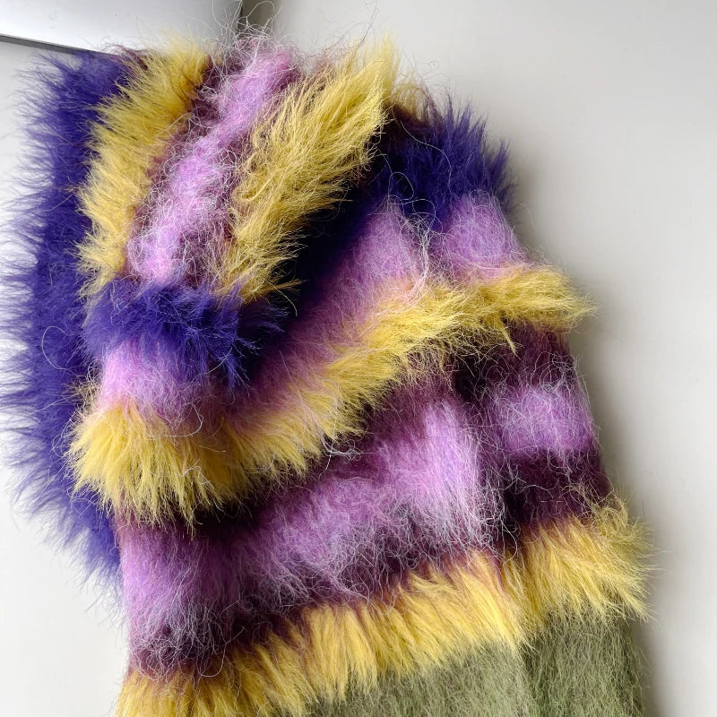 Fluffy striped scarf in purple, yellow, and pink for Knitted Balaclava Design Cambridge