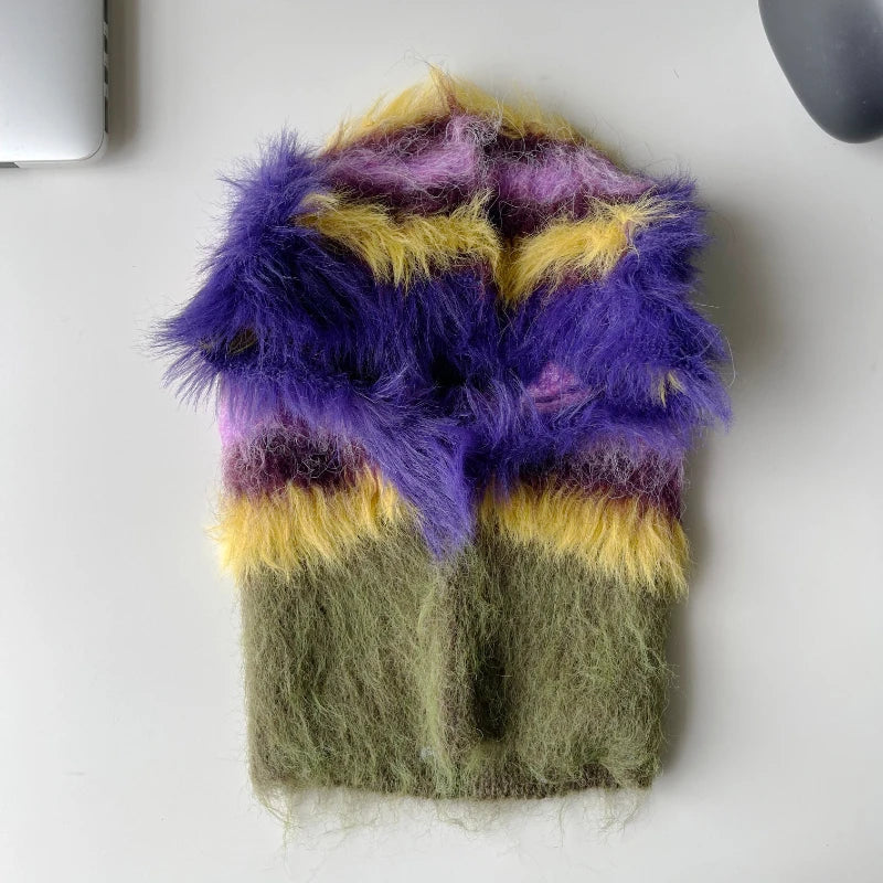 Colorful fuzzy vest with purple, yellow, and green sections in Knitted Balaclava Design