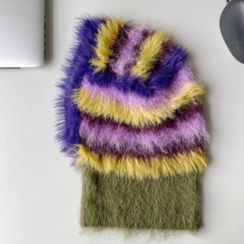 Colorful knitted balaclava design featuring purple, yellow, and green stripes