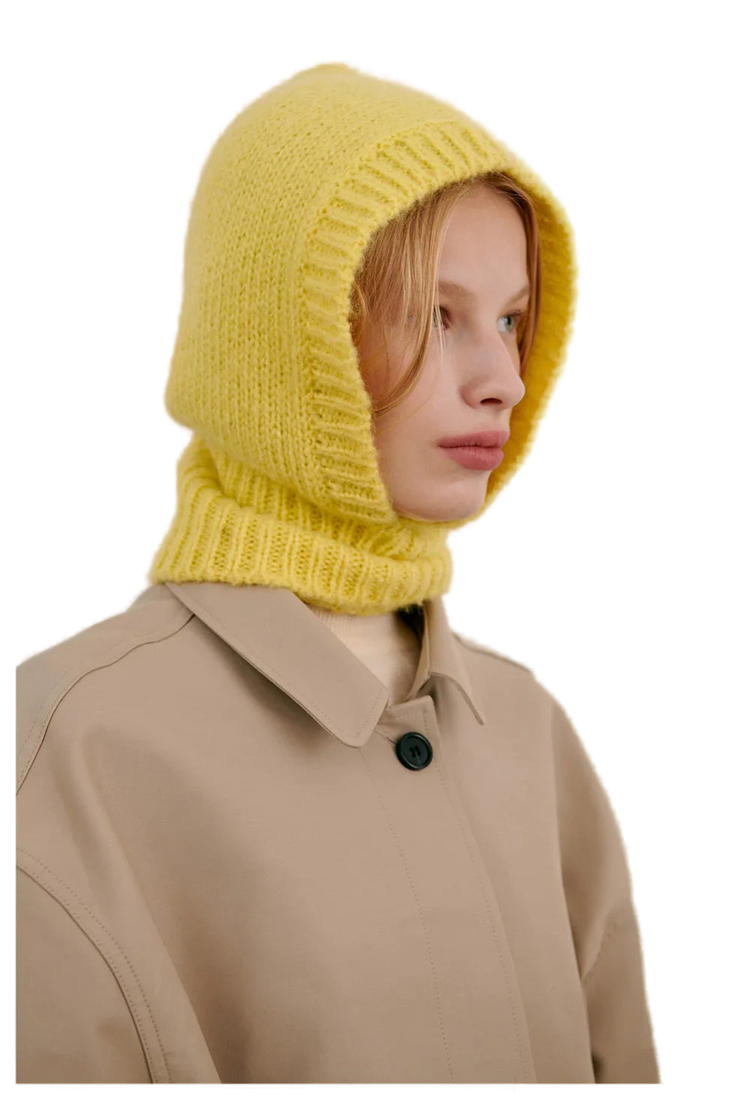 Bright yellow knitted balaclava hood from Daly City for warmth and style