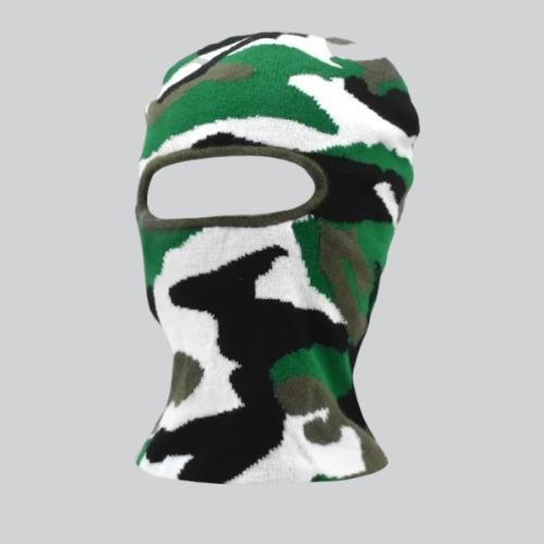 Camouflage-patterned knitted distressed ski mask in green, black, and white colors