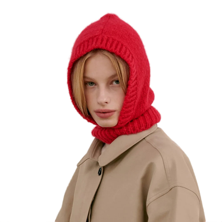 Bright red knitted hood balaclava covering head and neck, perfect for warmth and style