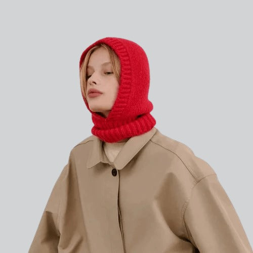 Bright red knitted hood balaclava for warmth and style from Elkhart