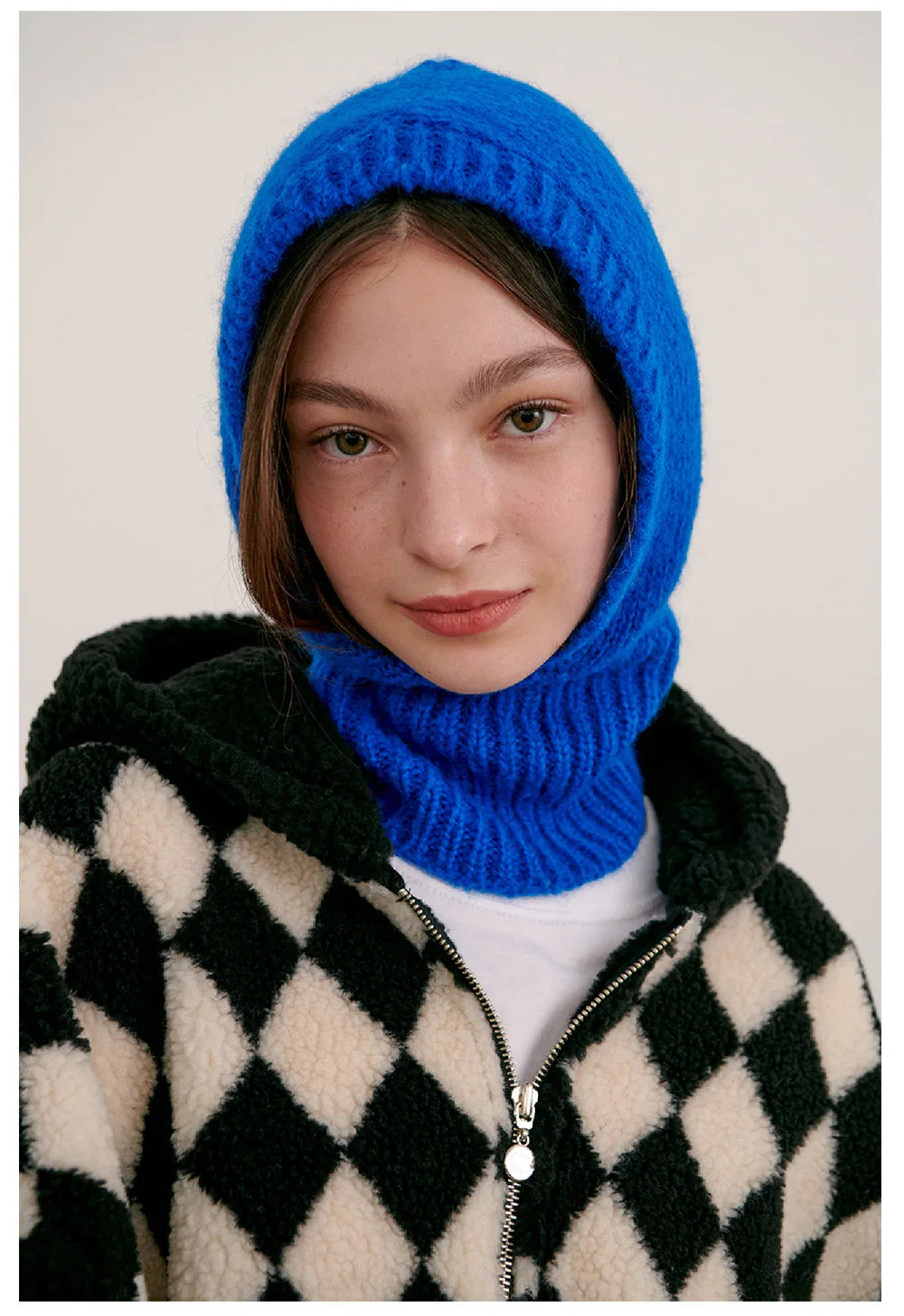 Bright blue ladies knitted balaclava covering head and neck, perfect for Pembroke Pines