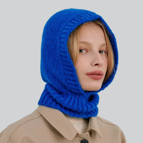 Bright blue ladies knitted balaclava worn by model in Pembroke Pines style