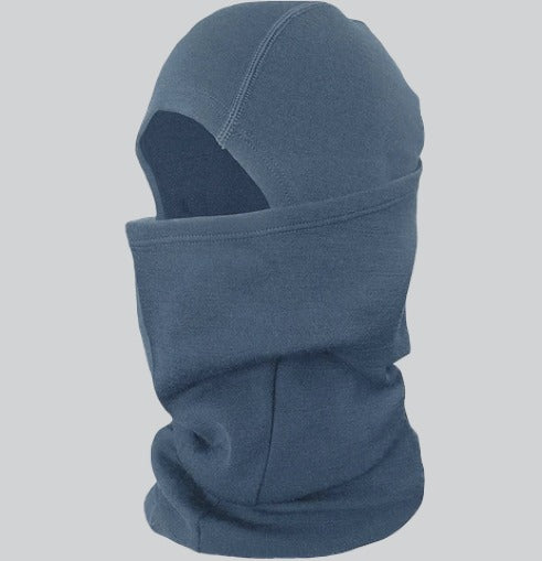 Gray ski mask balaclava covering head and neck, perfect for outdoor activities