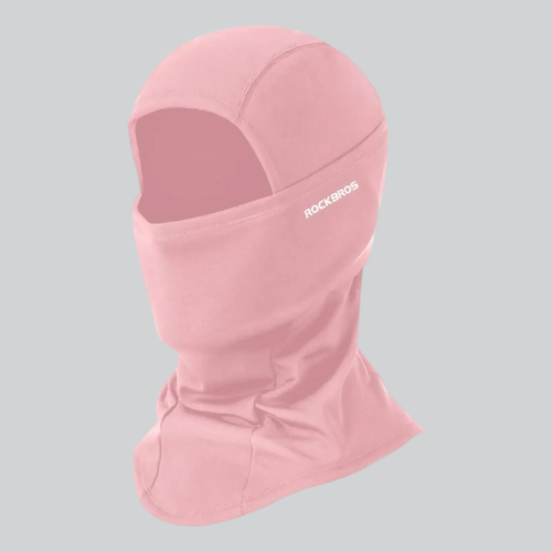 Pink motorcycle winter balaclava covering the head with eye openings for added warmth