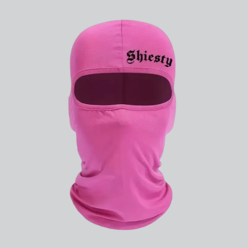 Bright pink Pooh Shiesty mask with Shicsty text embroidered on the forehead