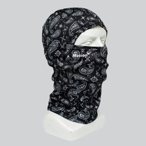 Patterned black Printing Balaclava with paisley designs on mannequin head