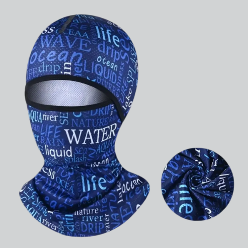 Balaclava-style face covering in blue featuring water-related words for running balaclava