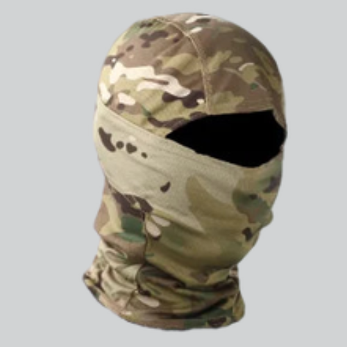 Camouflage-patterned skiing balaclava with eye openings, ideal for outdoor activities