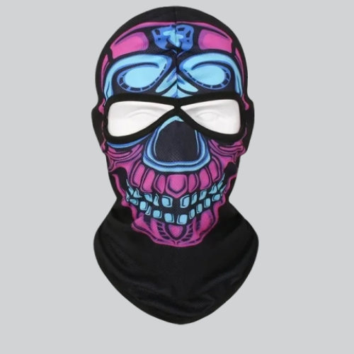 Colorful skull face balaclava with pink, blue, and white designs from Apple Valley