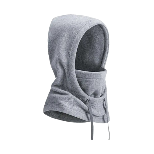 Gray thermal balaclava hood with drawstring closure for outdoor activities