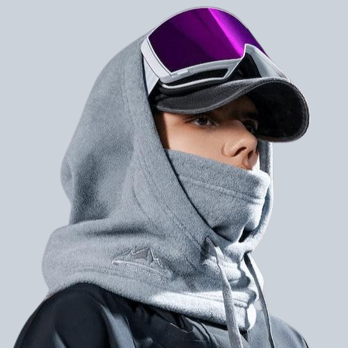 Futuristic Thermal Balaclava Hood with Purple Visor and Gray Fabric for Skiing