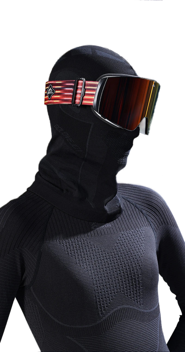 Futuristic ski goggles with glowing red stripes on a figure wearing Thermal Motorcycle Balaclava