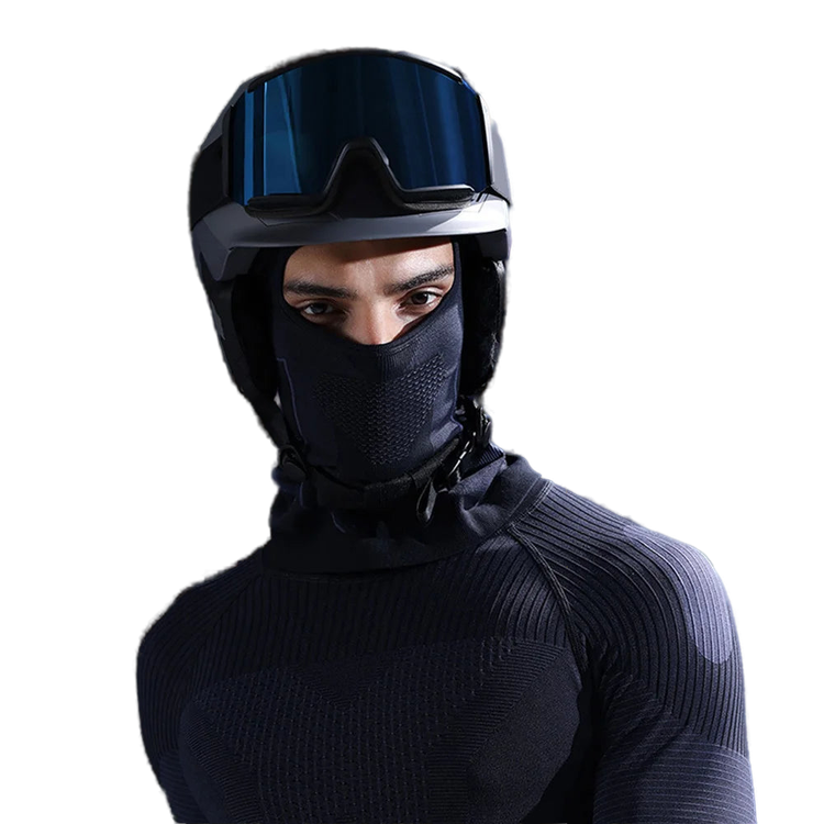 Protective helmet with blue visor and black face mask for thermal motorcycle balaclava