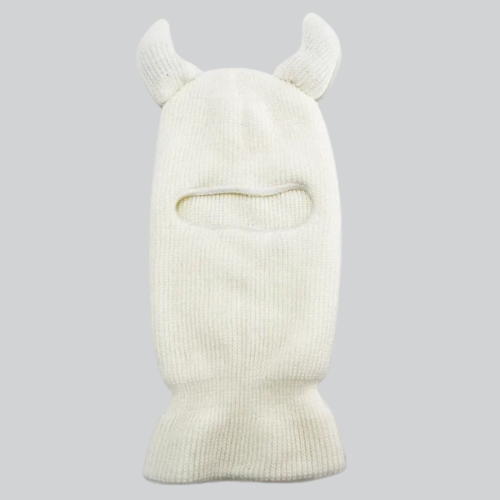 White balaclava with horns, mouth opening, from Fort Collins women’s balaclava collection