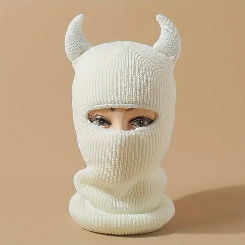 White balaclava with horns and eye holes from Fort Collins women’s balaclava collection