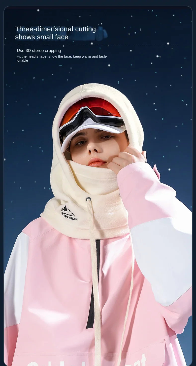 Person in winter sports gear featuring a white balaclava hood and red ski goggles