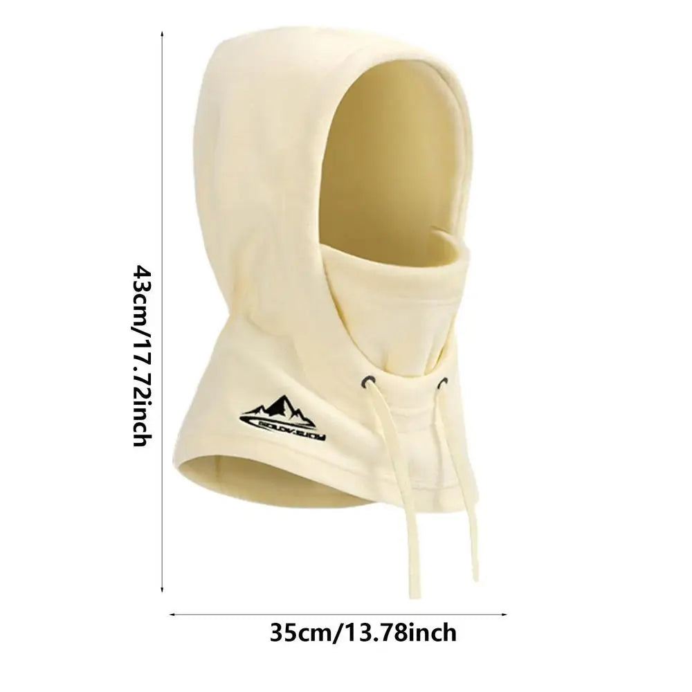 Cream-colored white balaclava hood with mountain logo from Huntington Park