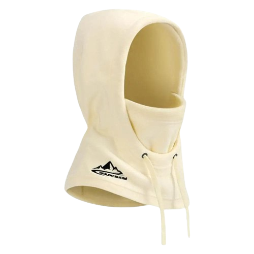 Cream-colored balaclava hood with mountain logo from WHITE BALACLAVA HOOD | HUNTINGTON PARK