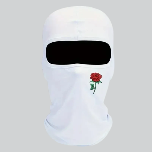 White Balaclava Mask with Black Eye Slit and Red Rose Design on Alameda