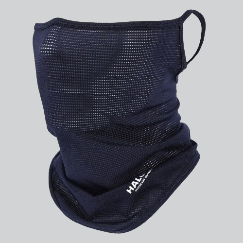 Navy blue winter balaclava mask with mesh fabric and white logo for outdoor activities