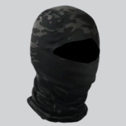 Camouflage-patterned winter balaclava ski mask with a single eye opening